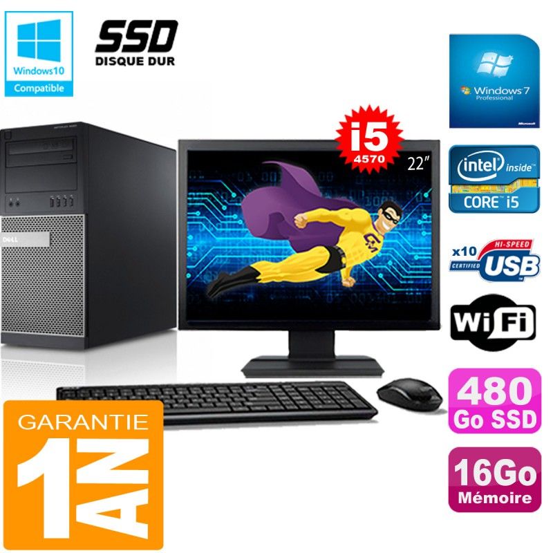 Tour Dell Optiplex 9020 - Processeur Intel Core i5-4570, 16 Go de RAM, 480 Go SSD, Windows 7 Professionnel