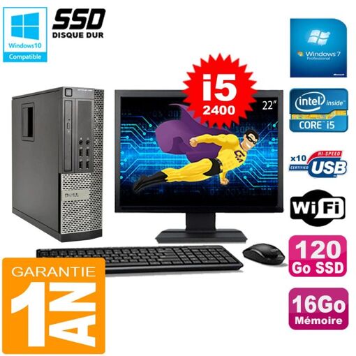 Computadora de escritorio Dell Optiplex 990 SFF Procesador Intel Core i5-2400 3.1 GHz 4 núcleos 16GB DDR3 120GB SSD Grabadora de DVD WiFi Windows 7 Profesional Pantalla de 22"