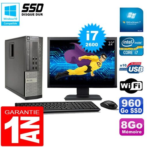 PC de escritorio Dell Optiplex 990 SFF, Intel Core i7-2600, 8GB RAM, 960GB SSD, Grabadora de DVD, WiFi, Windows 7 Profesional, Pantalla de 22 pulgadas