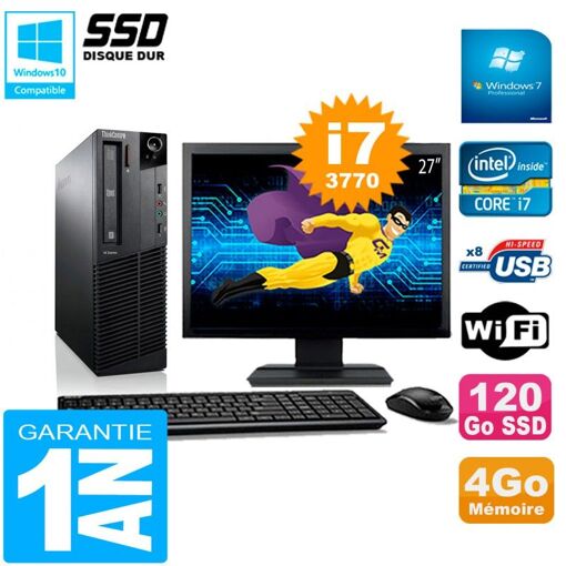 Computadora de escritorio Lenovo M92p SFF - Pantalla de 27', Procesador Intel Core i7-3770, 4 GB de RAM, 120 GB SSD, WiFi, Windows 7 Pro