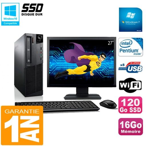 Lenovo M92p SFF Desktop Computer - 27" Screen, Intel G630, 16GB RAM, 120GB SSD, WiFi, Windows 7 Pro