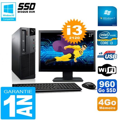 Computadora Lenovo M92p SFF - Pantalla de 27", Procesador Intel Core i3-2120, 4 GB de RAM, SSD de 960 GB, WiFi, Windows 7 Pro