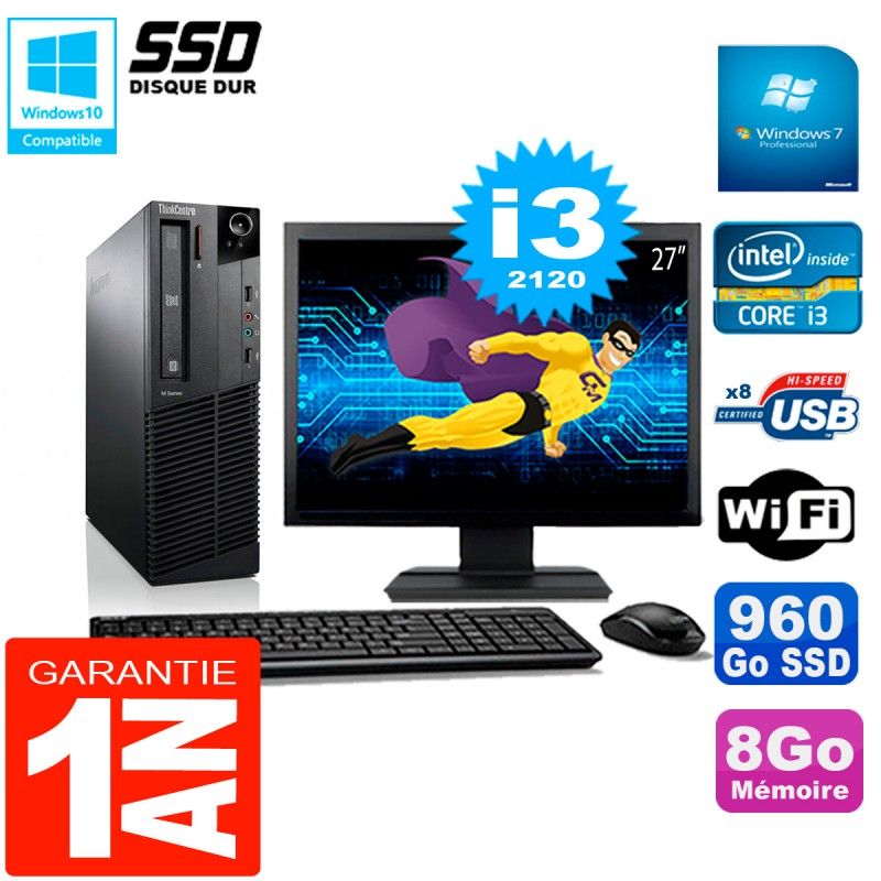 Lenovo M92p SFF Desktop Computer - 27" Screen, Intel Core i3-2120, 8GB RAM, 960GB SSD, WiFi, Windows 7 Pro