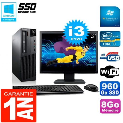 Computadora de escritorio Lenovo M92p SFF - Pantalla de 27 pulgadas, Procesador Intel Core i3-2120, 8 GB de RAM, 960 GB SSD, WiFi, Windows 7 Pro