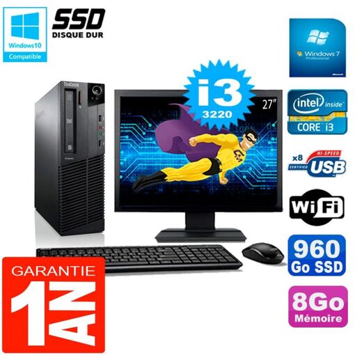 Lenovo M92p SFF Computer - 27" Screen, Intel Core i3-3220, 8GB RAM, 960GB SSD, WiFi, Windows 7 Pro