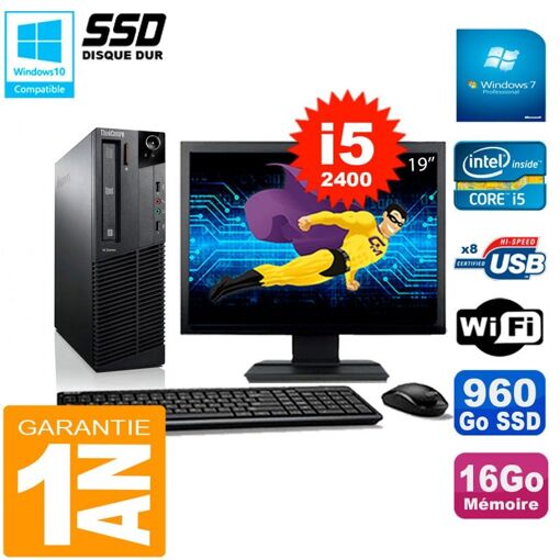 Computadora de escritorio Lenovo M92p SFF, pantalla de 19", procesador Intel Core i5-2400, 16 GB RAM, 960 GB SSD, WiFi, Windows 7 Pro