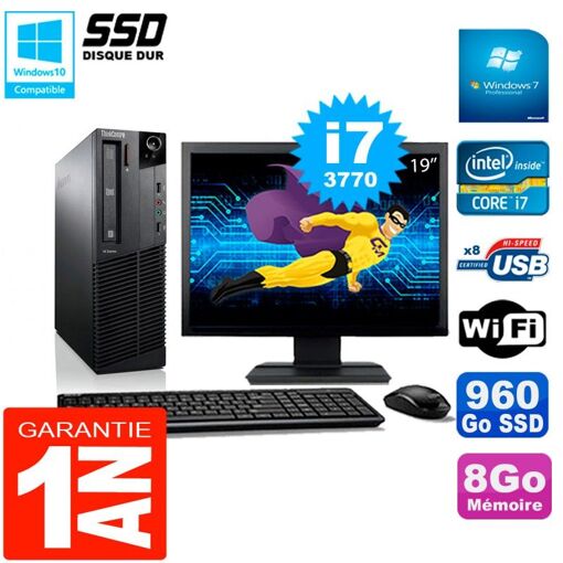 Computadora de escritorio Lenovo M92p SFF, pantalla de 19 pulgadas, procesador Intel Core i7-3770, 8 GB de RAM, 960 GB SSD, WiFi, Windows 7 Pro