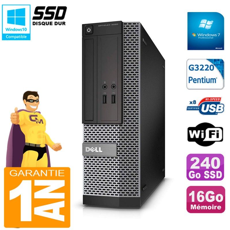 Ordinateur de bureau Dell 3020 SFF - Intel Pentium G3220, 16 Go de RAM, 240 Go SSD, lecteur de DVD, Wi-Fi, Windows 7 Pro