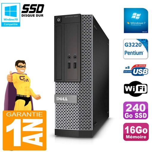Computadora de escritorio Dell 3020 SFF - Intel Pentium G3220, 16GB de RAM, SSD de 240GB, unidad de DVD, WiFi, Windows 7 Pro