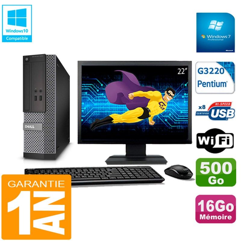 Dell 3020 SFF Desktop Computer - 22" Screen, Intel Pentium G3220, 16GB RAM, 500GB HDD, WiFi, Windows 7 Pro