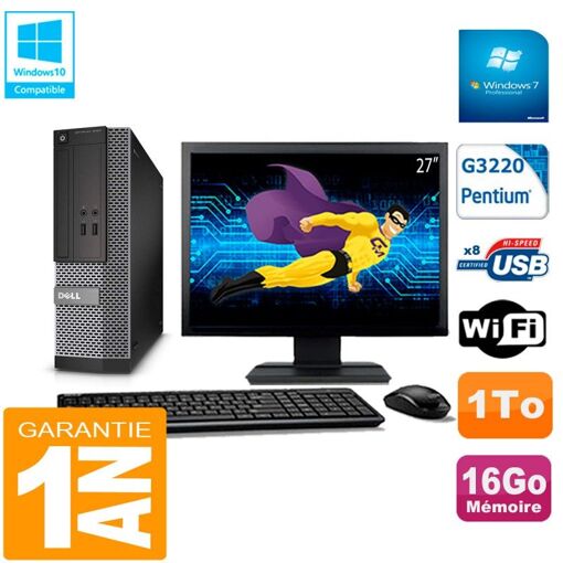 PC de escritorio Dell 3020 SFF - Pantalla de 27'', Procesador Intel Pentium G3220, 16GB de RAM, 1TB HDD, WiFi, Windows 7 Pro