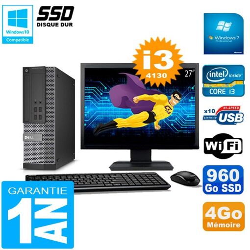 Computadora de escritorio Dell Optiplex 7020 SFF, pantalla de 27'', procesador Intel Core i3-4130, 4 GB de RAM, SSD de 960 GB, WiFi, Windows 7 Pro
