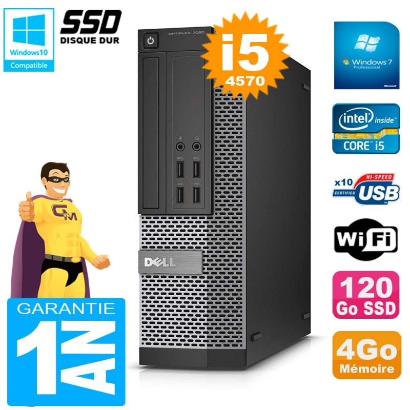 PC de escritorio Dell Optiplex 7020 SFF - Procesador Intel Core i5-4570, 4 GB de RAM, SSD de 120 GB, Grabadora de DVD, WiFi, Windows 7 Pro