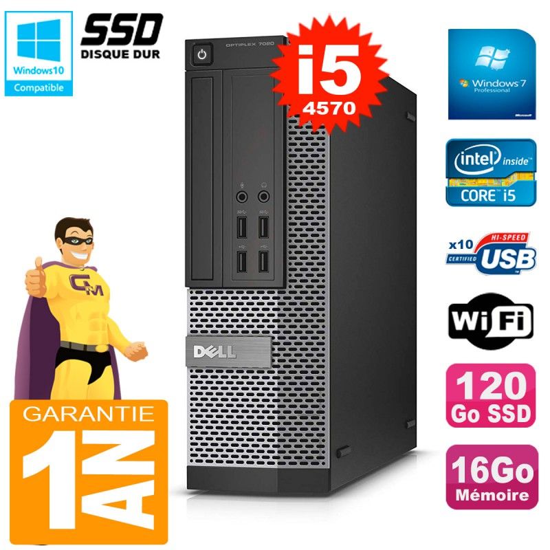 Dell Optiplex 7020 SFF Desktop PC - Core i5-4570, 16GB RAM, 120GB SSD, DVD Burner, WiFi, Windows 7 Pro