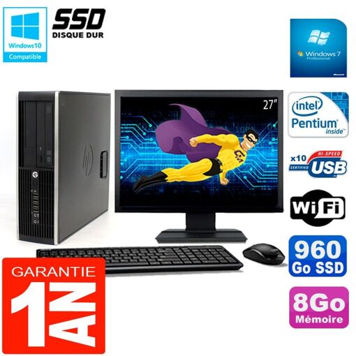 PC de sobremesa HP Compaq Elite 8300 SFF - Pantalla de 27", Procesador Intel Pentium G850, 8 GB de RAM, SSD de 960 GB, Wi-Fi, Windows 7 Pro