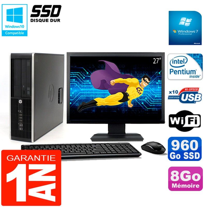 HP Compaq Elite 8300 SFF Desktop PC - 27" Screen, Intel Pentium G850, 8GB RAM, 960GB SSD, Wi-Fi, Windows 7 Pro