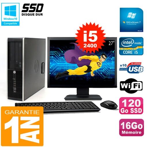 PC de escritorio HP Compaq Elite 8300 SFF - Pantalla de 27", Procesador Intel Core i5-2400, 16 GB de RAM, 120 GB SSD, WiFi, Windows 7 Pro