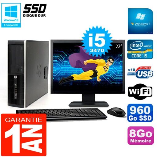 PC HP Compaq 8300 SFF - Pantalla de 22', Procesador Intel Core i5-3470, 8 GB de RAM, 960 GB SSD, WiFi, Windows 7 Pro