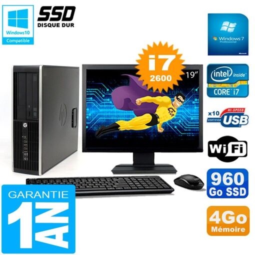 PC de sobremesa HP Compaq Elite 8300 SFF - Pantalla de 19 pulgadas, procesador Intel Core i7-2600, 4GB de RAM, SSD de 960GB, WiFi, Windows 7 Pro