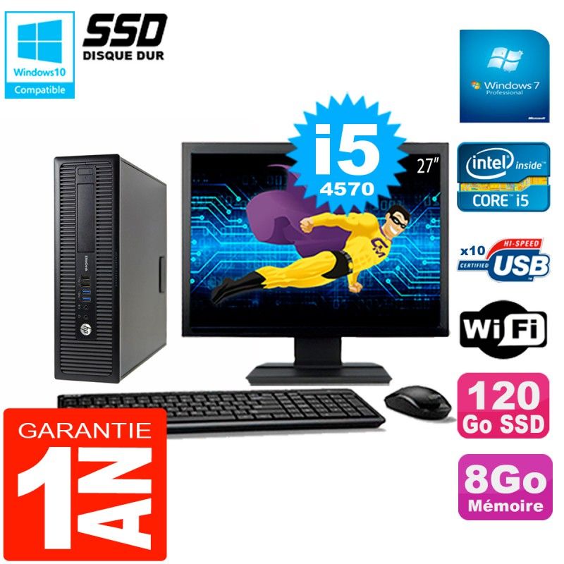 HP EliteDesk 800 G1 SFF Desktop Computer - 27" Screen, Intel Core i5-4570, 8GB RAM, 120GB SSD, WiFi