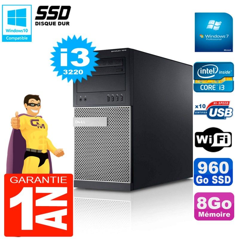 Dell Optiplex 7010 MT Desktop - Core i3-3220, 8GB RAM, 960GB SSD, WiFi, Windows 7 Pro