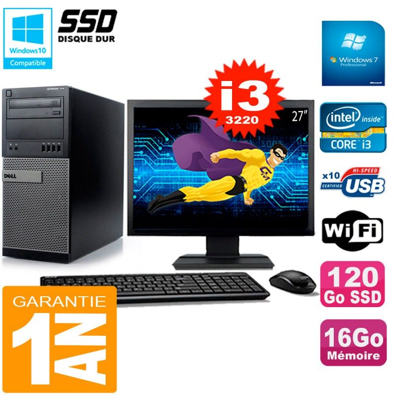 Dell Optiplex 7010 Tower - 27" Screen, Intel Core i3-3220, 16GB RAM, 120GB SSD, WiFi, Windows 7 Pro