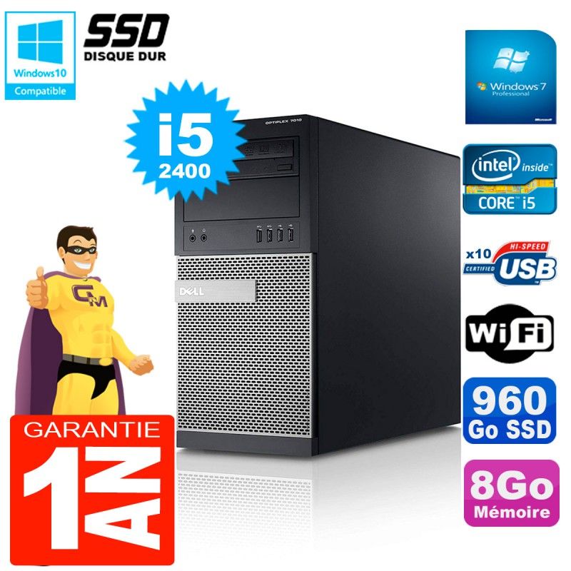 Dell Optiplex 7010 MT Tower - Intel Core i5-2400, 8GB RAM, 960GB SSD, WiFi, Windows 7 Pro
