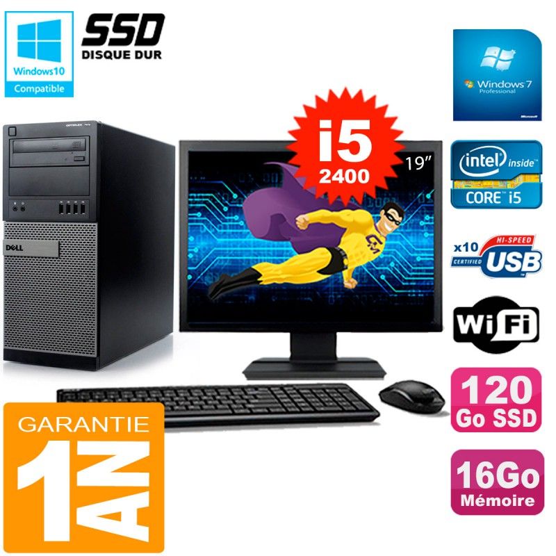 Dell Optiplex 7010 Desktop Computer, 19" Screen, Intel Core i5-2400, 16GB RAM, 120GB SSD, WiFi, Windows 7 Pro