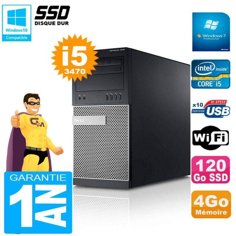 Dell Optiplex 7010 MT Tower PC - Intel Core i5-3470, 4GB RAM, 120GB SSD, WiFi, Windows 7 Pro