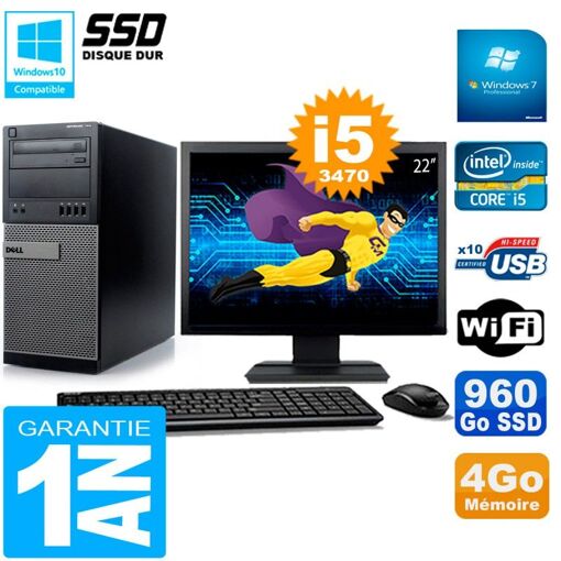 Ordenador de sobremesa Dell Optiplex 7010 MT - Pantalla de 22'', Procesador Intel Core i5-3470, 4 GB RAM, Disco SSD de 960 GB, WiFi, Windows 7 Pro