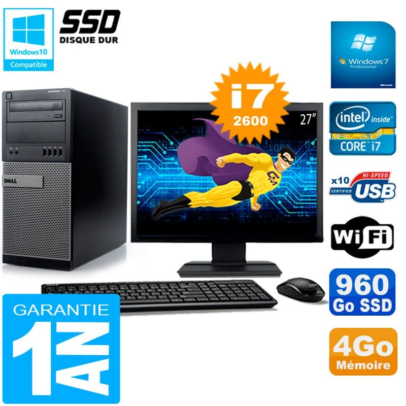 Dell Optiplex 7010 MT Tower - 27" Screen, Intel Core i7-2600, 4GB RAM, 960GB SSD, WiFi, Windows 7 Pro