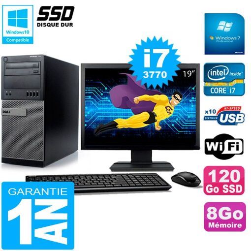 PC de escritorio Dell Optiplex 7010 - Pantalla de 19 pulgadas, Core i7-3770, 8 GB de RAM, SSD de 120 GB, WiFi, Windows 7 Pro