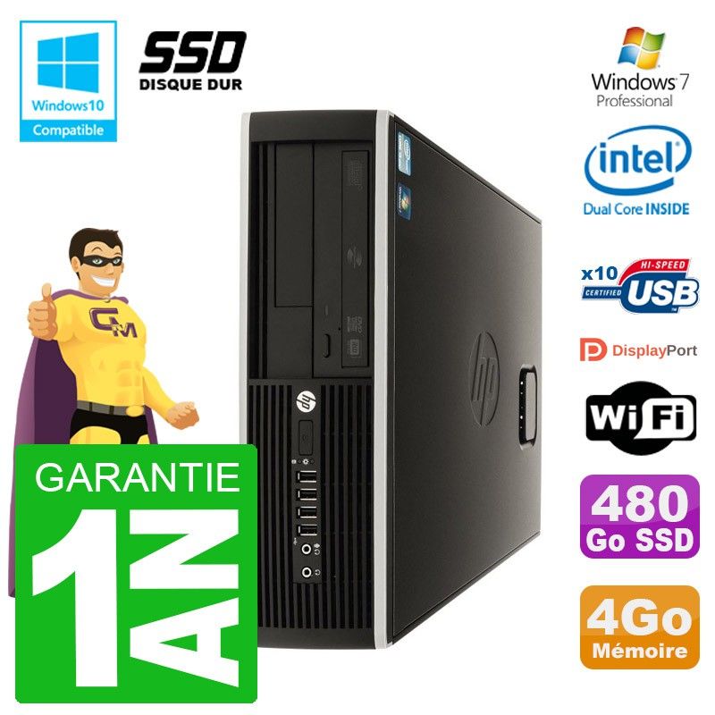 HP Elite 8100 SFF Desktop PC - Intel Pentium Dual-Core G6950, 4GB RAM, 480GB SSD, DVD Burner, WiFi, Windows 7 Pro