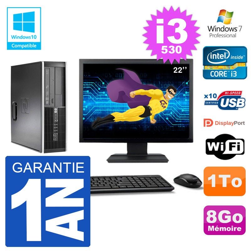 HP Compaq 8100 SFF Desktop PC - 22" Screen, i3-530, 8GB RAM, 1TB HDD, DVD Drive, WiFi, Windows 7 Pro