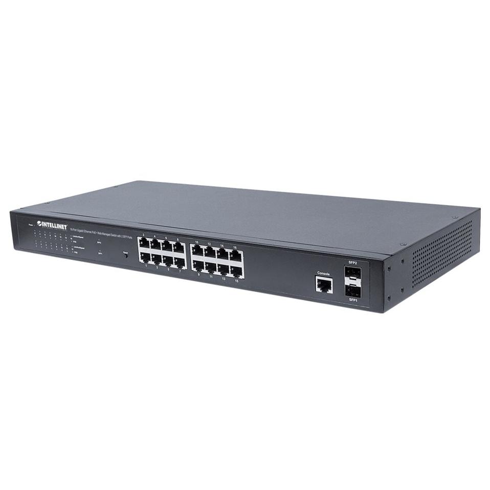 Intellinet 16-Port PoE+ Switch, 2 SFP Ports, IEEE 802.3at/af, 374W, Rackmount