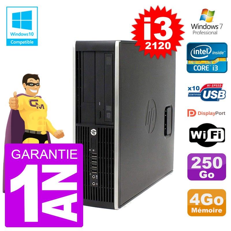 Ordinateur de bureau HP Elite 6200 SFF - Processeur Intel Core i3-2120, 4 Go de RAM, Disque dur 250 Go, Lecteur optique DVD, Wi-Fi, Windows 7 Pro