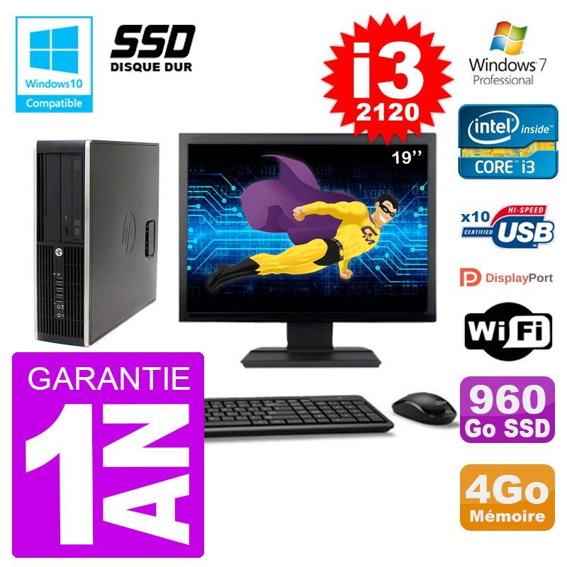Ordinateur de bureau HP Elite 6200 SFF - Écran 19 pouces, Intel i3-2120, 4 Go de RAM, 960 Go SSD, Graveur DVD, Wi-Fi