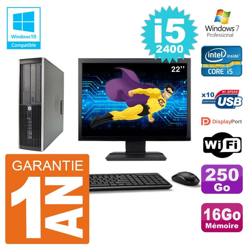 HP Elite 6200 SFF Computer - 22" Screen, Intel i5-2400, 16GB RAM, 250GB HDD, DVD Drive, WiFi