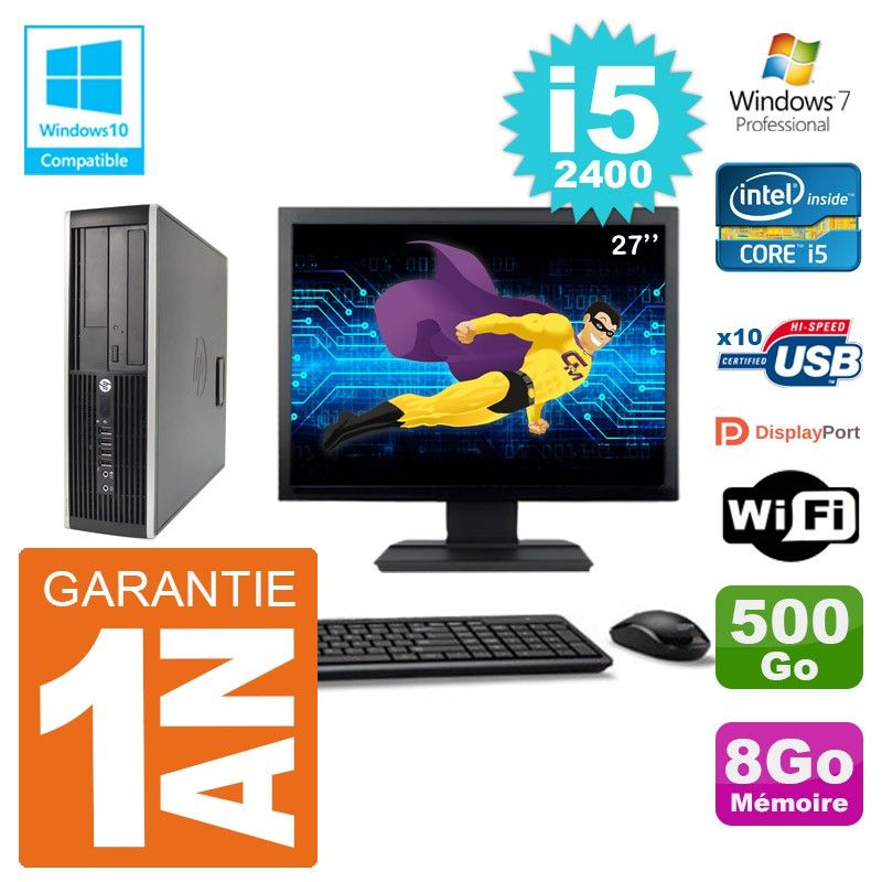 Ordinateur de bureau HP Elite 6200 SFF - Écran 27'', Processeur Intel i5-2400, 8 Go de RAM, Disque dur 500 Go, Graveur DVD, Wi-Fi