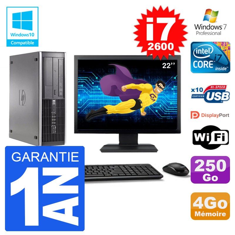 Ordinateur HP Elite 6200 SFF - Écran 22'', Intel i7-2600, 4 Go de RAM, Disque dur 250 Go, Graveur DVD, Wi-Fi