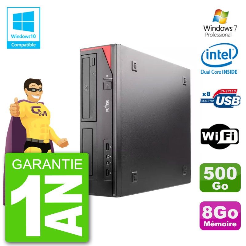Ordinateur de bureau Fujitsu Esprimo E520 DT - Processeur Intel G3220 3,0 GHz, 8 Go de RAM, 500 Go HDD, Graveur DVD, Wi-Fi, Windows 7 Pro