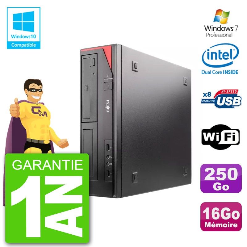 Ordinateur de bureau Fujitsu Esprimo E520 DT - Processeur Intel Core i3-3220, 16 Go de RAM, disque dur 250 Go, lecteur de DVD, Wi-Fi, Windows 7 Professionnel