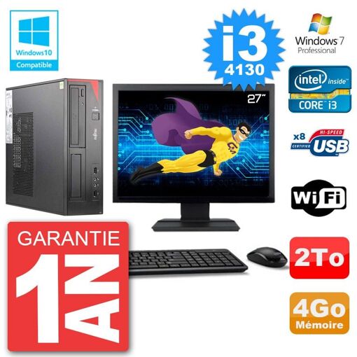 Ordinateur de bureau Fujitsu Esprimo E520 - Écran 27'', Intel Core i3-4130, 4 Go RAM, 2 To HDD, Graveur DVD, WiFi, Windows 7 Professionnel
