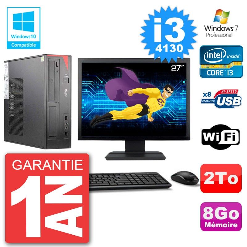 Ordinateur de bureau Fujitsu Esprimo E520 - Écran 27'', Intel Core i3-4130, 8 Go de RAM, 2 To HDD, Graveur DVD, Wifi, Windows 7 Pro