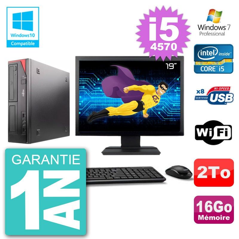 Ordinateur de bureau Fujitsu Esprimo E520 - Écran 19 pouces, i5-4570, 16 Go RAM, 2 To HDD, Lecteur DVD, Wi-Fi, Windows 7 Pro