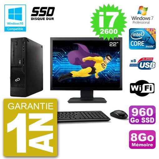PC de sobremesa Fujitsu Esprimo E500 E85+ con pantalla de 22'', procesador Intel Core i7-2600, 8GB de RAM, 960GB SSD, lector DVD, WiFi y Windows 7 Pro
