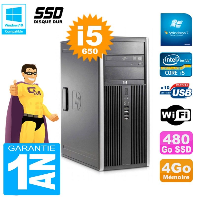 Ordinateur de bureau HP 8100 Tour - Intel Core i5, 4 Go de RAM, 480 Go SSD, lecteur DVD, Wi-Fi, Windows 7 Professionnel