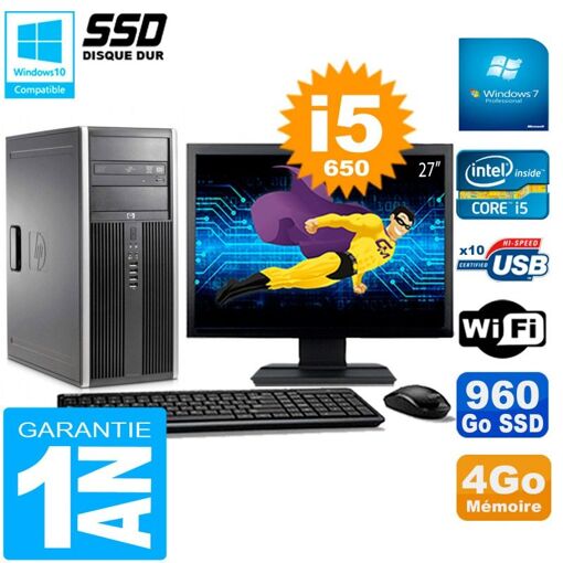 PC de sobremesa HP 8100 Tour - Pantalla de 27'', Intel Core i5-650, 4 GB de RAM, 960 GB SSD, Unidad de DVD, WiFi, Windows 7 Profesional