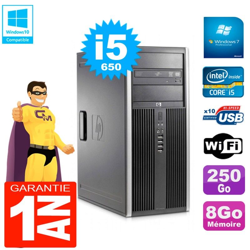 Ordinateur de bureau HP 8100 Tour - Processeur Intel Core i5, 8 Go de RAM, 250 Go HDD, Lecteur DVD, WiFi, Windows 7 Pro