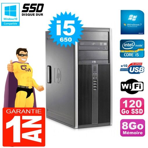 PC de sobremesa HP 8100 Tour - Procesador Intel Core i5-650, 8GB de RAM, SSD de 120GB, Grabadora de DVD, Wifi, Windows 7 Pro